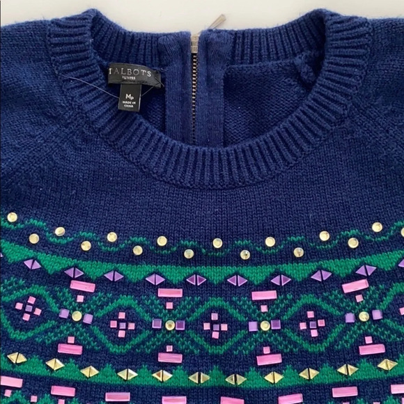 NWOT Talbots Fair Isle Rhinestone lambwool sweater women’s size M Petite - Picture 7 of 11